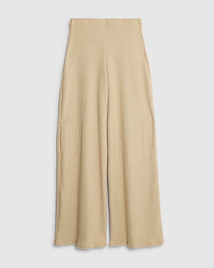 river island Beige Ribbed Wide Leg Trousers
