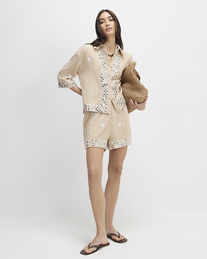 River Island Beige Sequin Embellished Beach Shirt