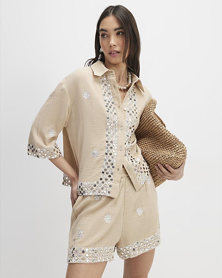 River Island Beige Sequin Embellished Beach Shirt