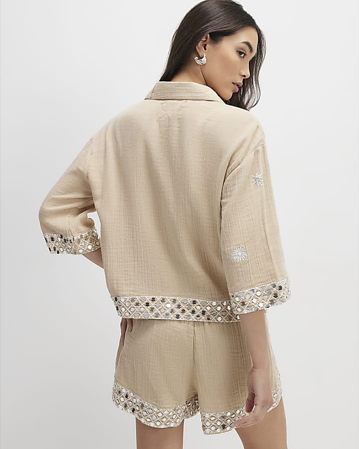 River Island Beige Sequin Embellished Beach Shirt