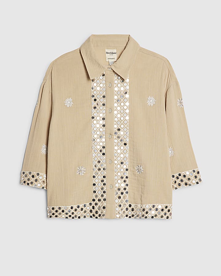 river island Beige Sequin Embellished Beach Shirt
