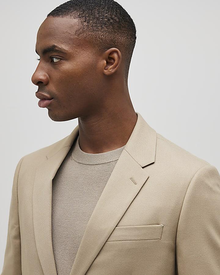 River Island Beige Skinny Fit Textured Suit Jacket