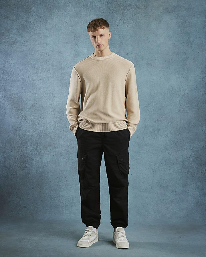 River Island Beige Slim Fit Badged Jumper