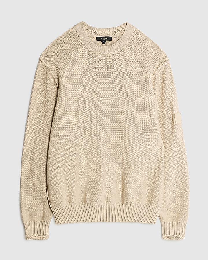 river island Beige Slim Fit Badged Jumper