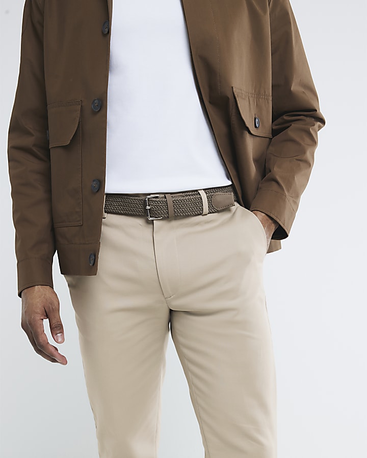 River Island Beige Slim Fit Belted Chino Trousers
