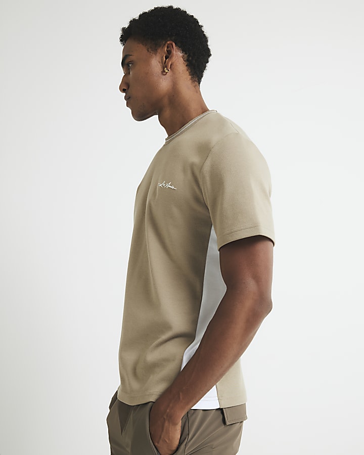 River Island Beige Slim Fit Colour Block T-Shirt