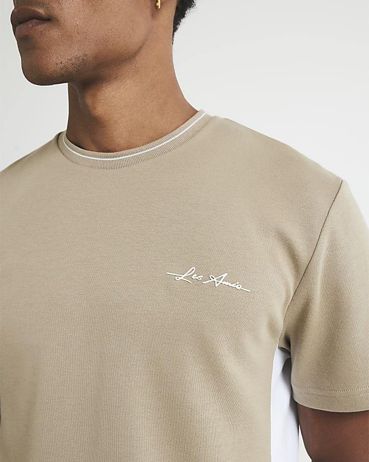 River Island Beige Slim Fit Colour Block T-Shirt