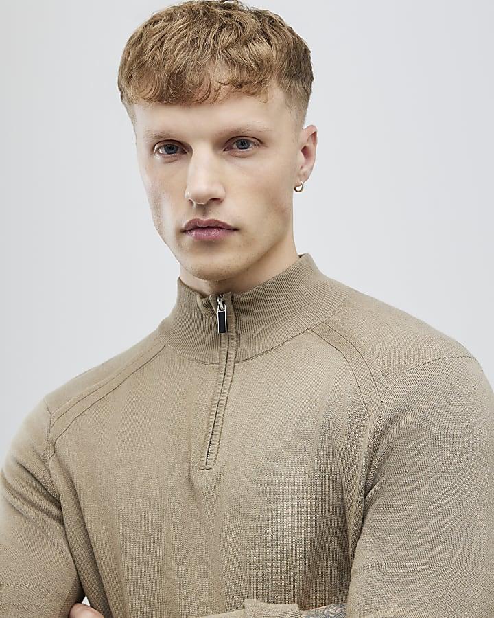 River Island Beige Slim Fit Half Zip Jumper