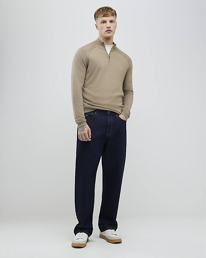 River Island Beige Slim Fit Half Zip Jumper