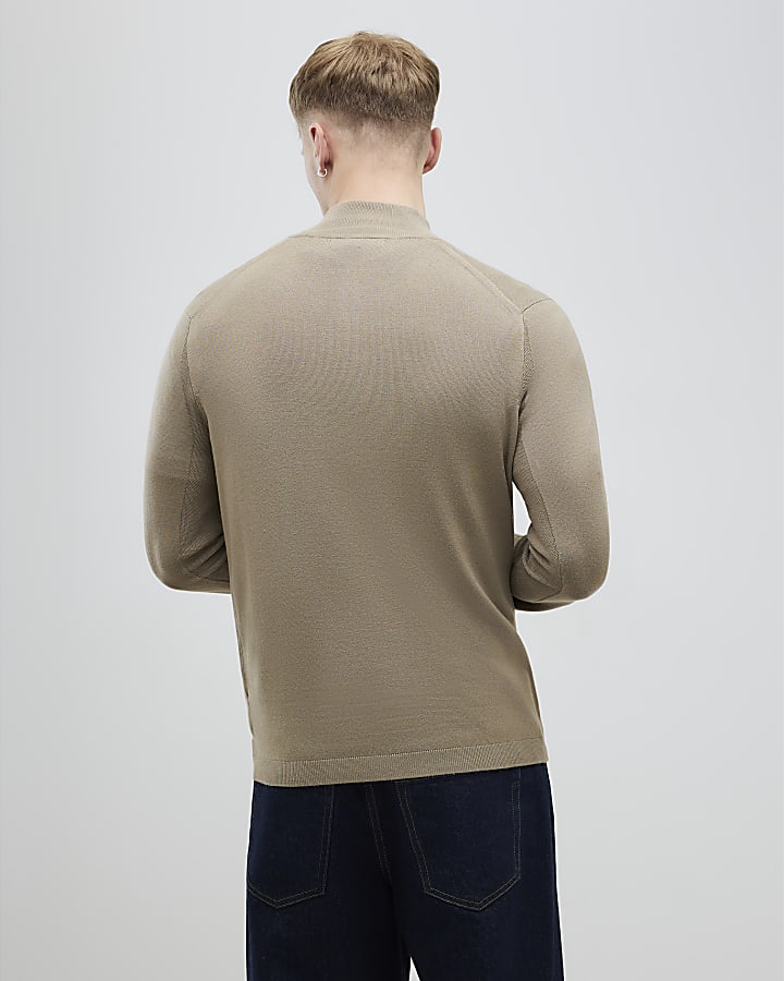 river island Beige Slim Fit Half Zip Jumper