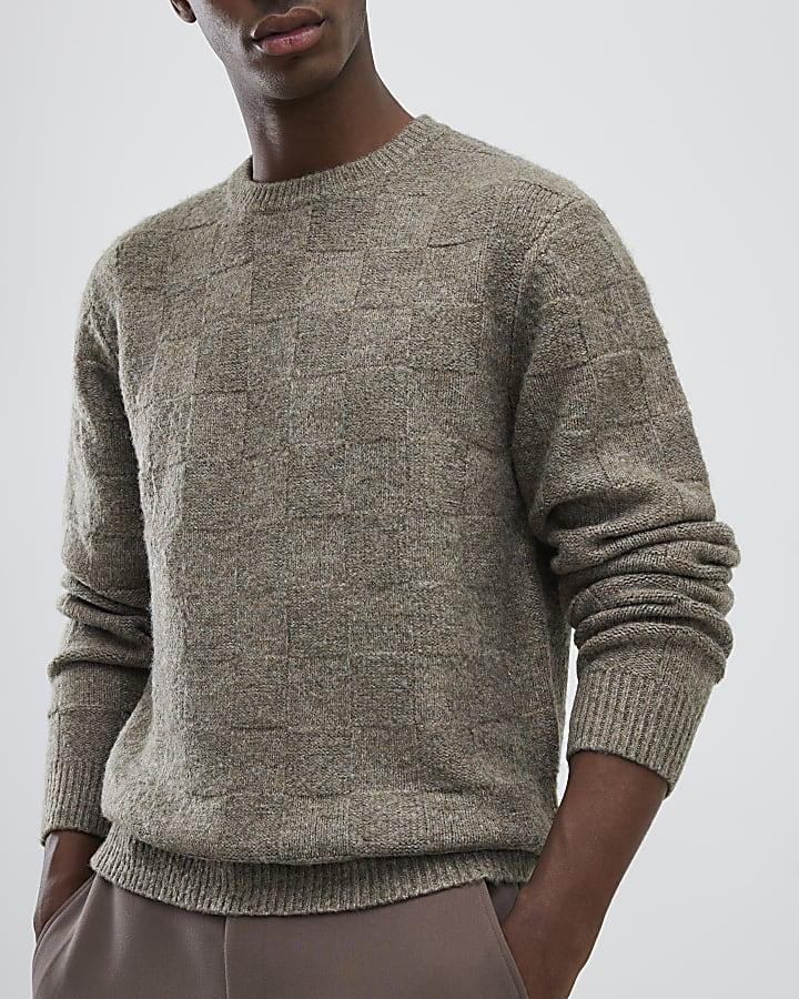River Island Beige Slim Fit Knitted Check Jumper