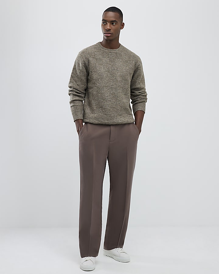 River Island Beige Slim Fit Knitted Check Jumper