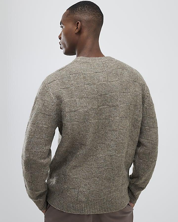 River Island Beige Slim Fit Knitted Check Jumper
