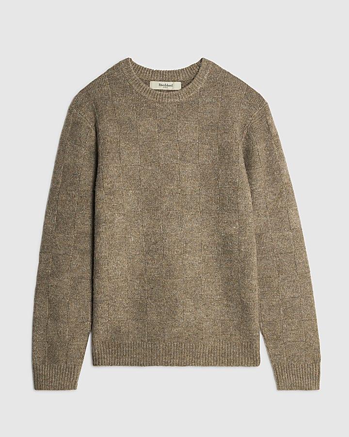 river island Beige Slim Fit Knitted Check Jumper