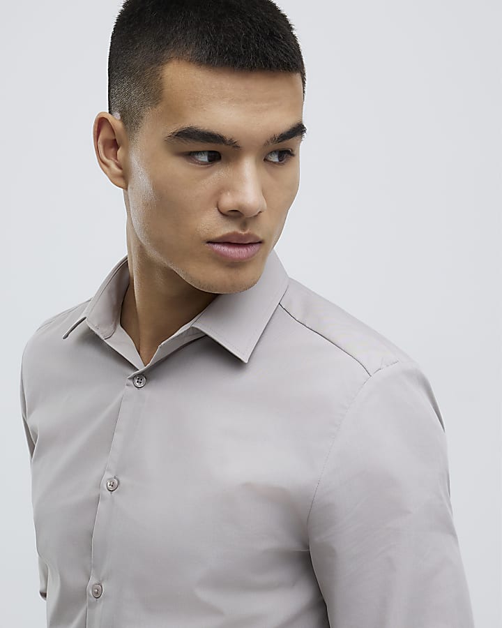 River Island Beige Slim Fit Long Sleeve Shirt