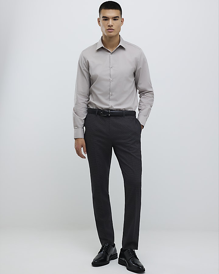 River Island Beige Slim Fit Long Sleeve Shirt