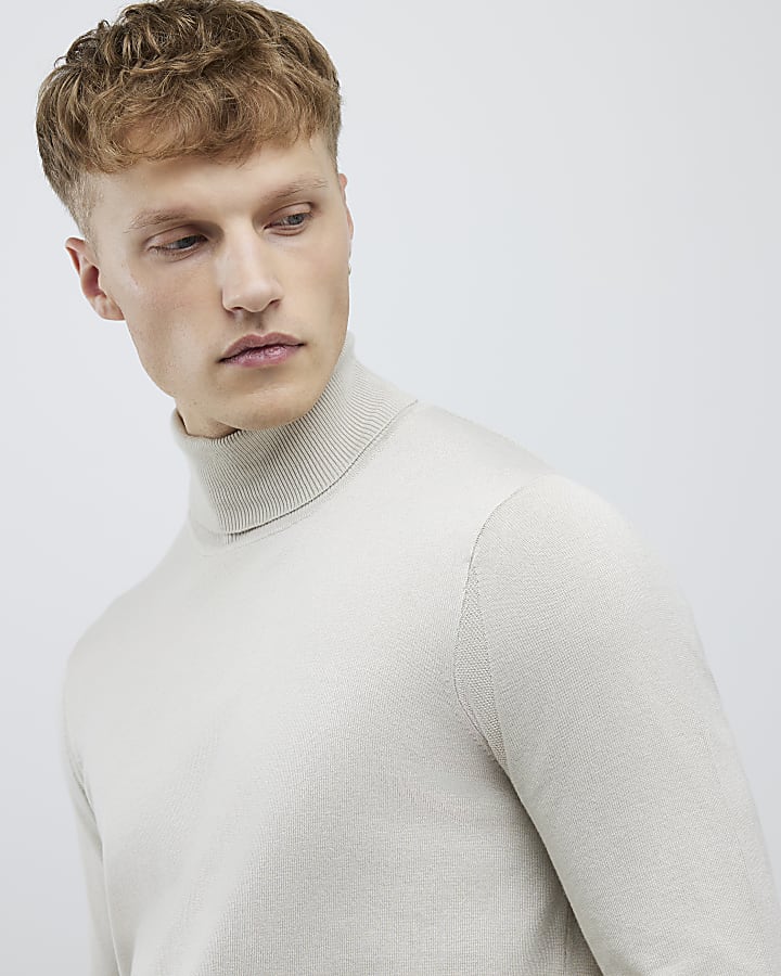 River Island Beige Slim Fit Roll Neck Jumper