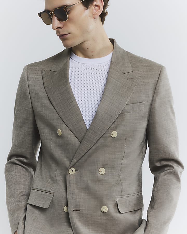 River Island Beige Slim Fit Sharkskin Suit Jacket