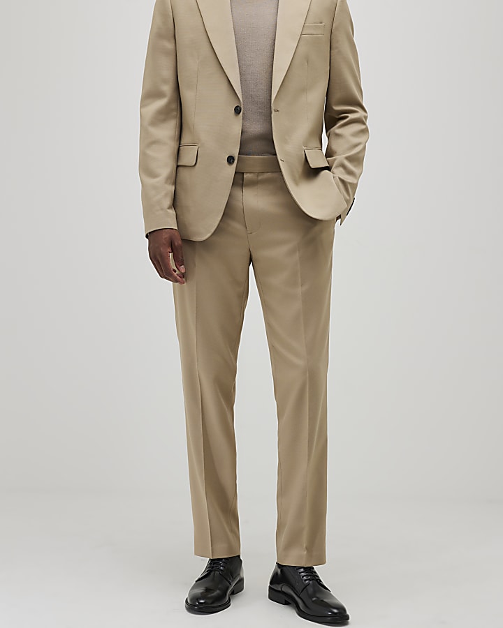 River Island Beige Slim Fit Texture Suit Trousers