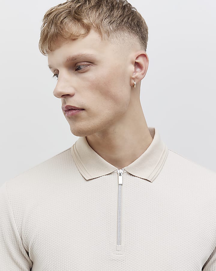 River Island Beige Slim Fit Textured Polo Shirt