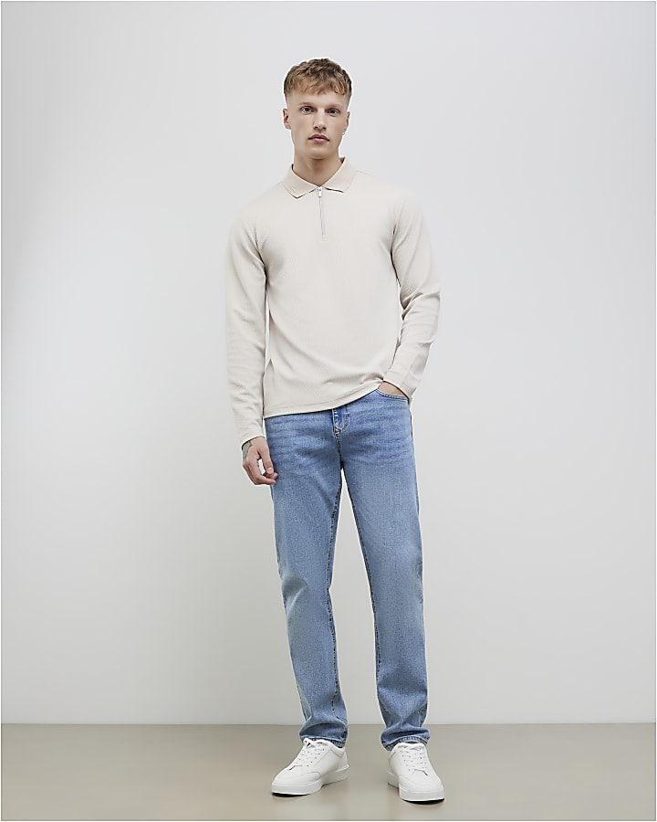 River Island Beige Slim Fit Textured Polo Shirt