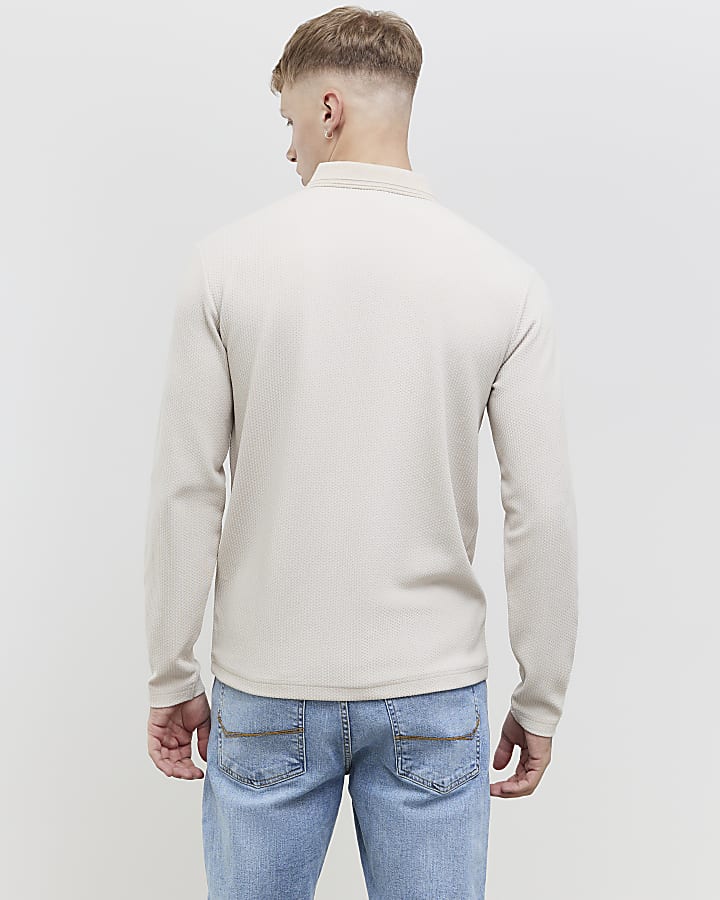 River Island Beige Slim Fit Textured Polo Shirt