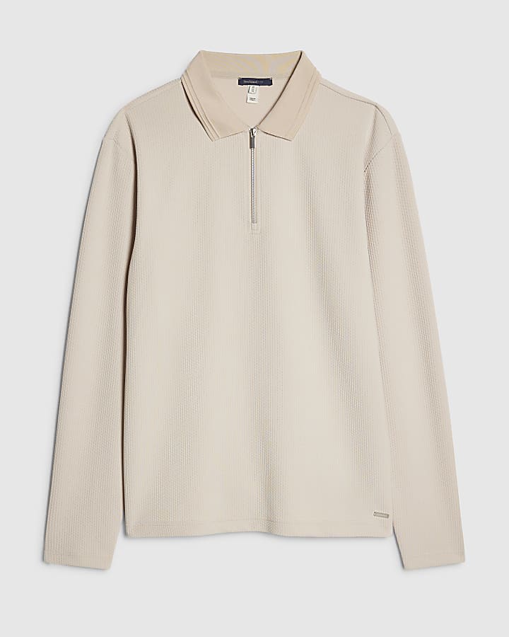 river island Beige Slim Fit Textured Polo Shirt