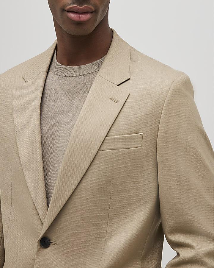 River Island Beige Slim Fit Textured Suit Jacket