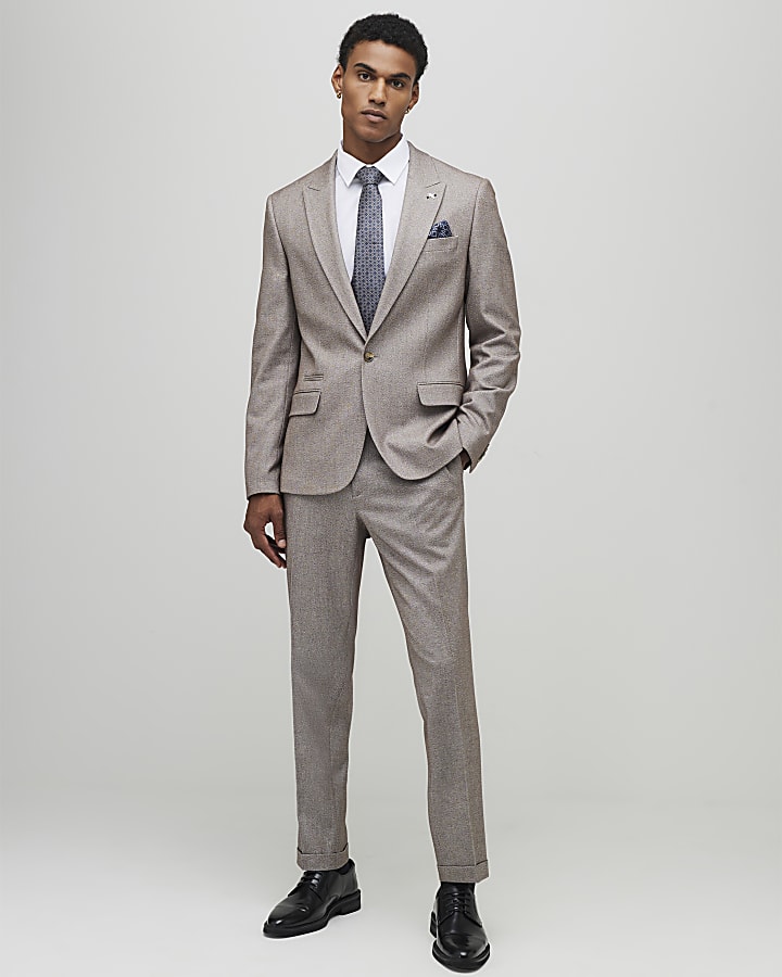 River Island Beige Slim Fit Textured Suit Jacket