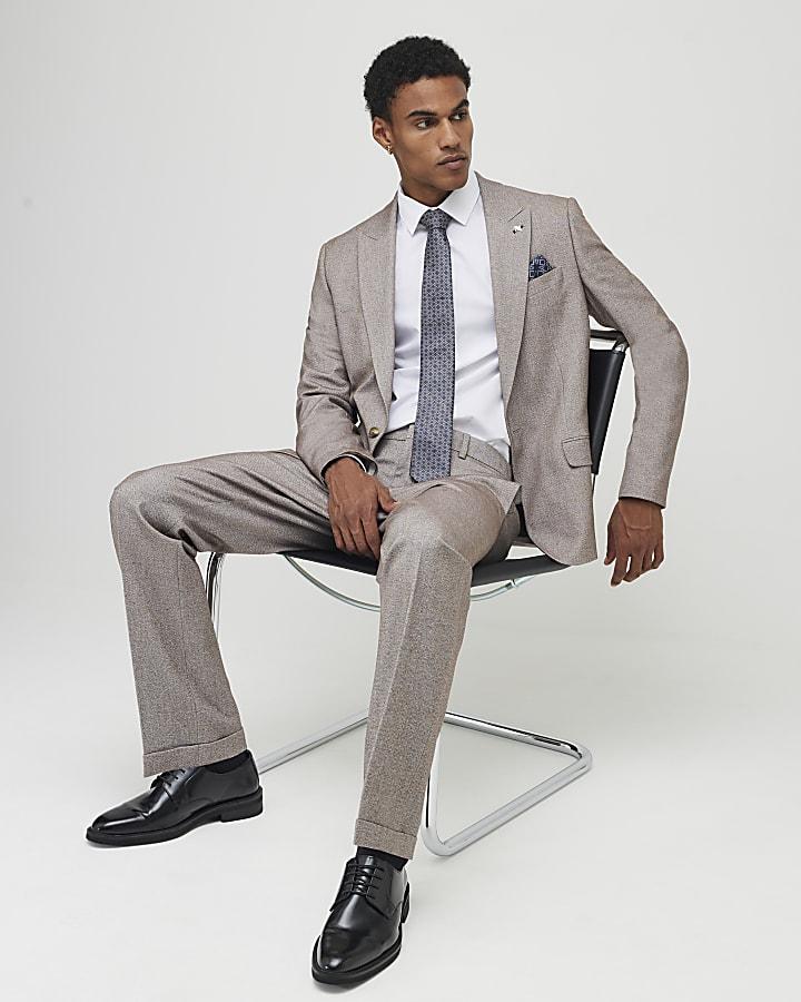 River Island Beige Slim Fit Textured Trousers