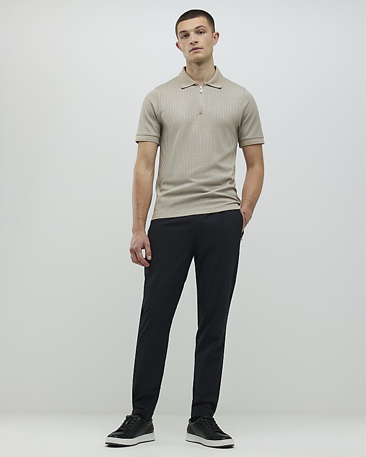 River Island Beige Slim Fit Zip Polo Shirt