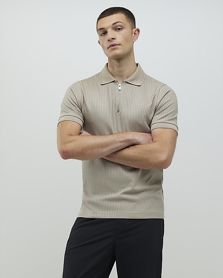River Island Beige Slim Fit Zip Polo Shirt