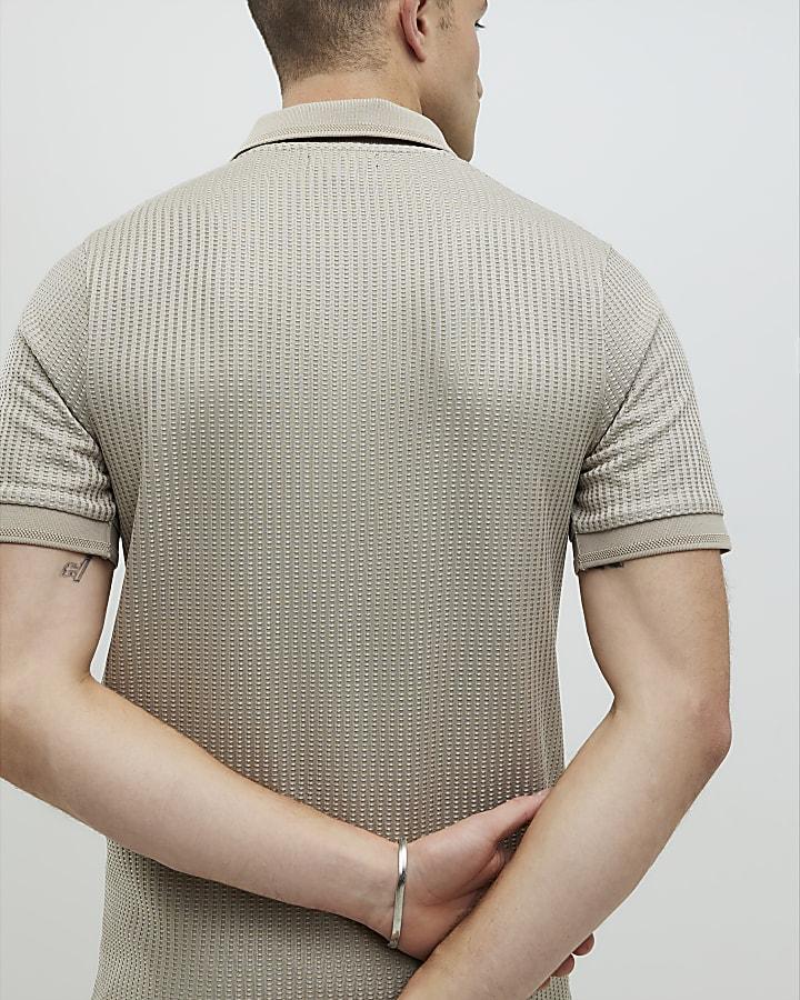 River Island Beige Slim Fit Zip Polo Shirt