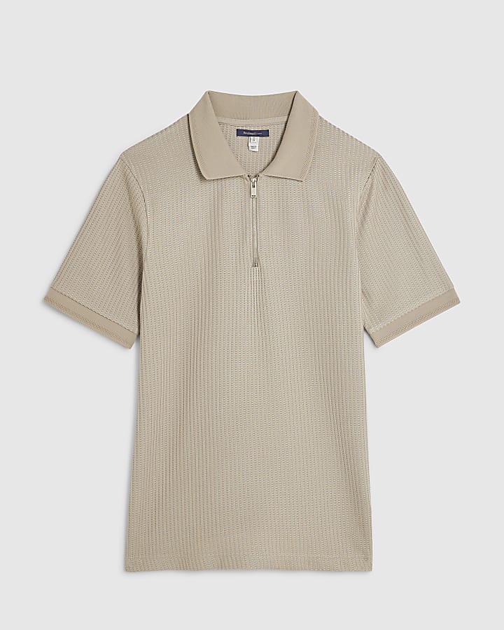 river island Beige Slim Fit Zip Polo Shirt