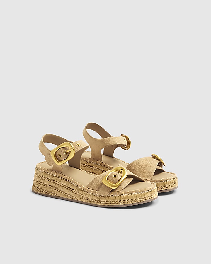 River Island Beige Strap Buckle Wedge Sandals