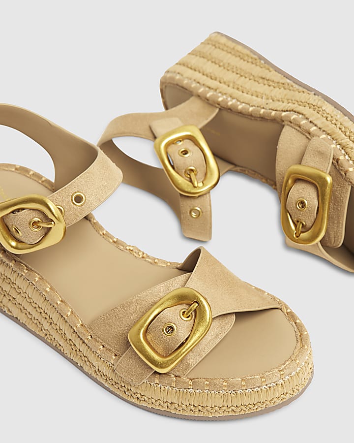 River Island Beige Strap Buckle Wedge Sandals