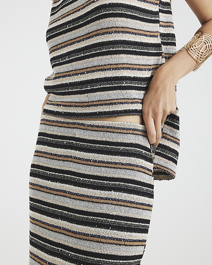 River Island Beige Stripe Metallic Midi Skirt
