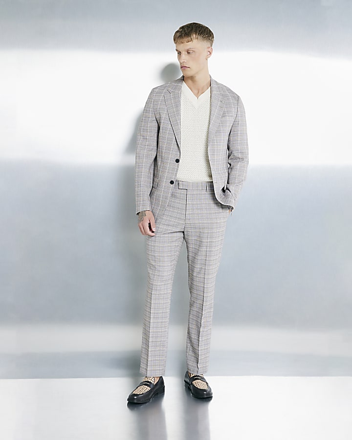 River Island Beige Tailored Fit Check Suit Jacket