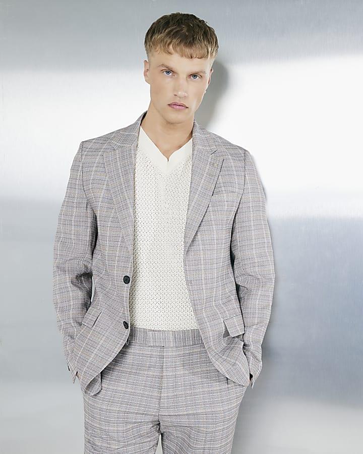 River Island Beige Tailored Fit Check Suit Jacket