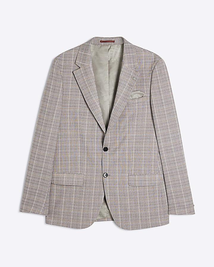 river island Beige Tailored Fit Check Suit Jacket