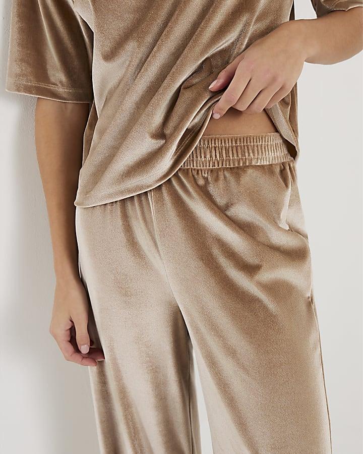 River Island Beige Velvet Wide Leg Joggers