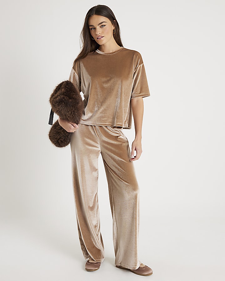 River Island Beige Velvet Wide Leg Joggers