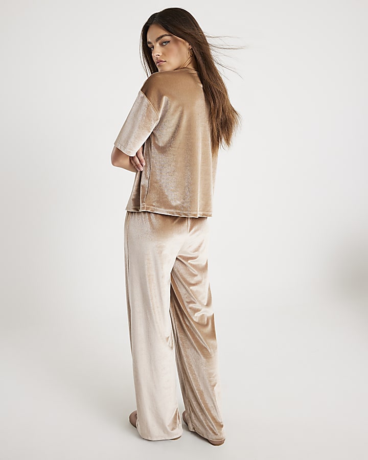River Island Beige Velvet Wide Leg Joggers