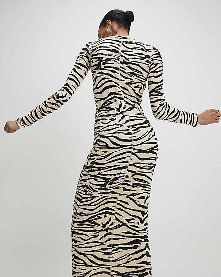 River Island Beige Zebra Print Ribbed Midi Dress