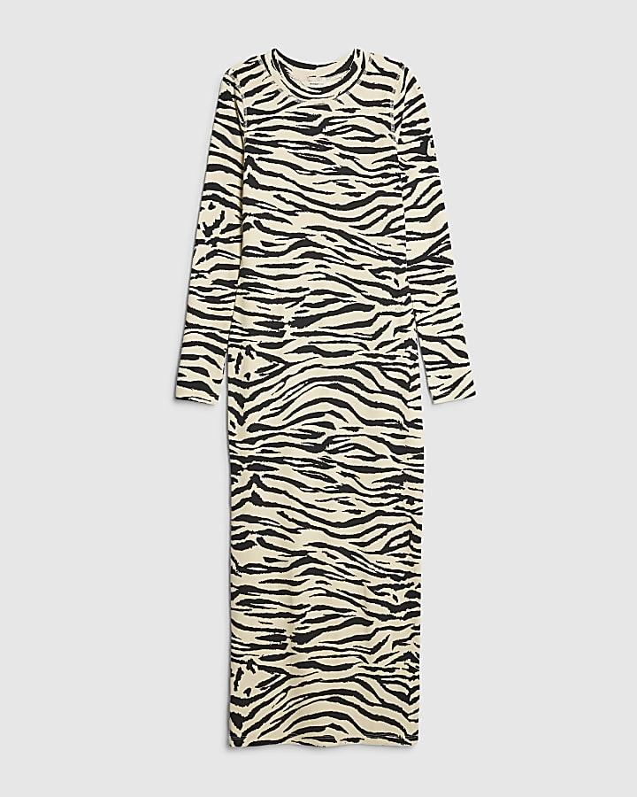 river island Beige Zebra Print Ribbed Midi Dress