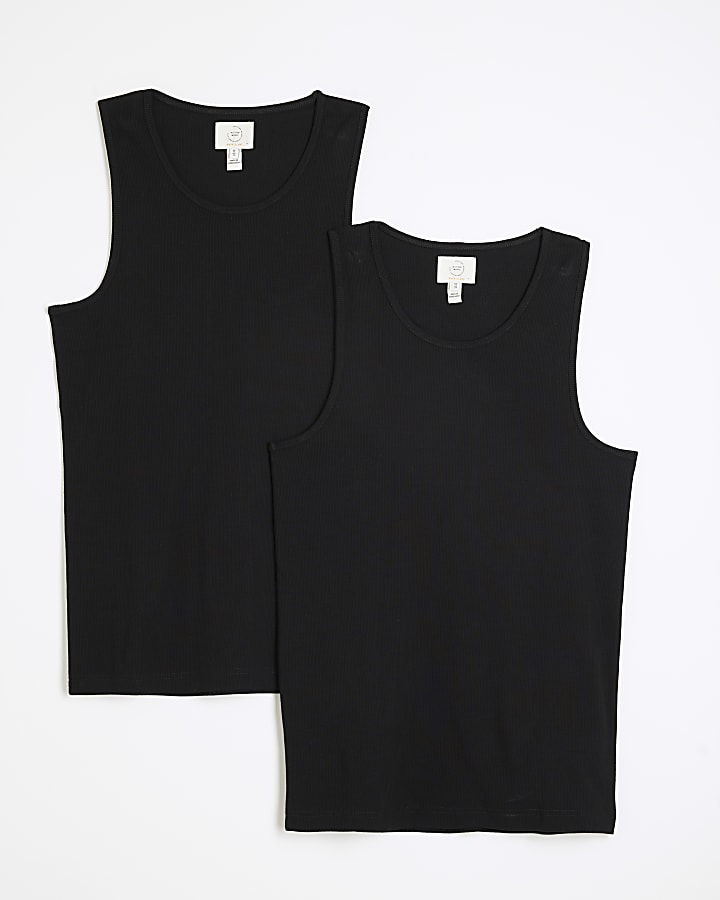 river island Black 2 pack Muscle Fit Ribbed Vest
