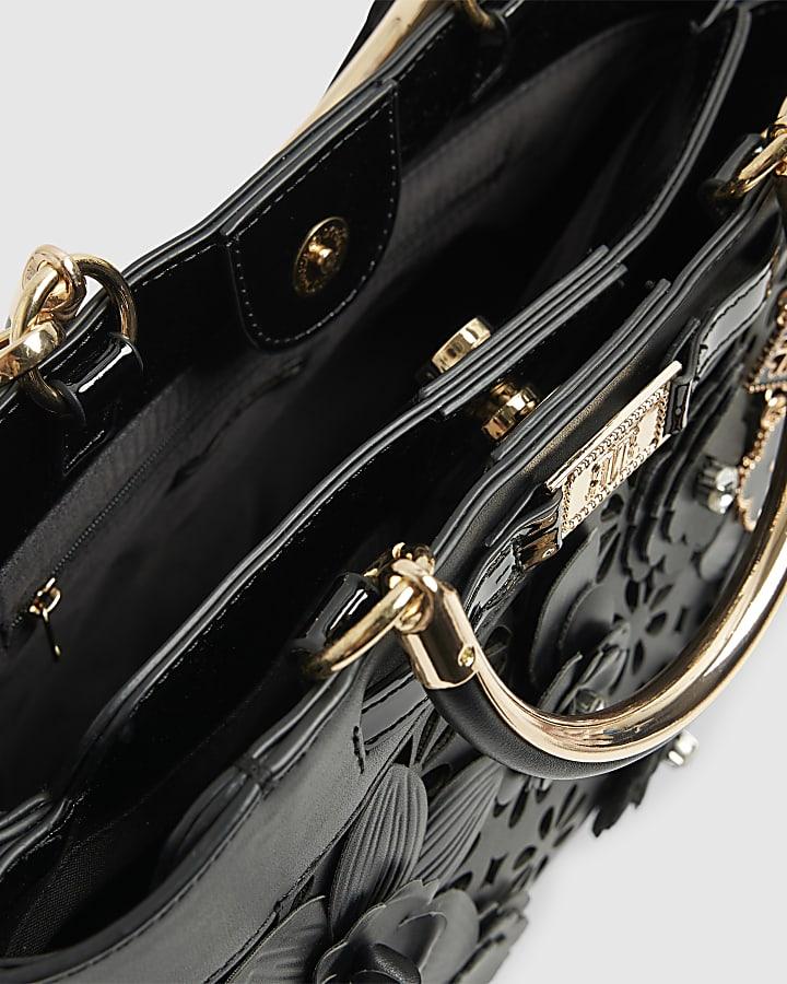 river island Black 3D Floral Laser Cut Tote Bag