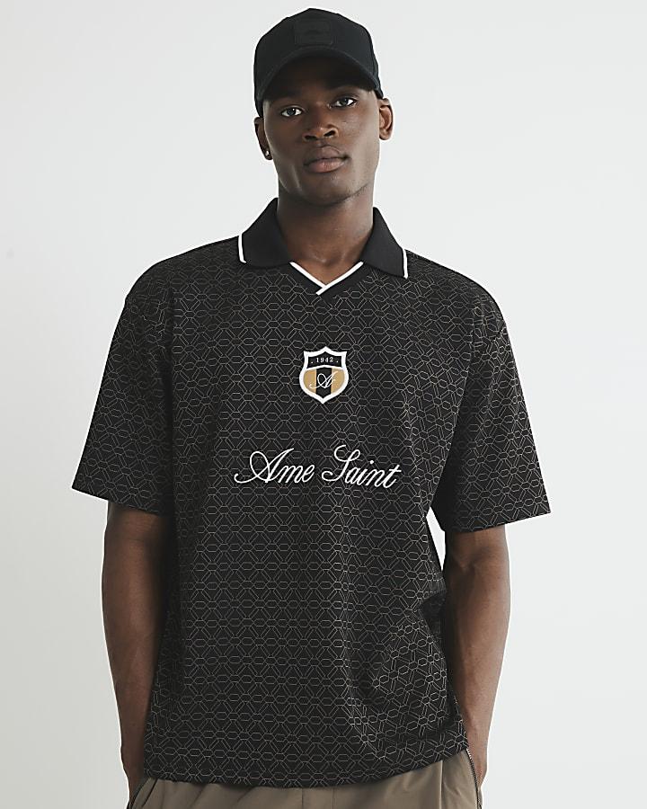 River Island Black Ame Saint Football Polo Shirt