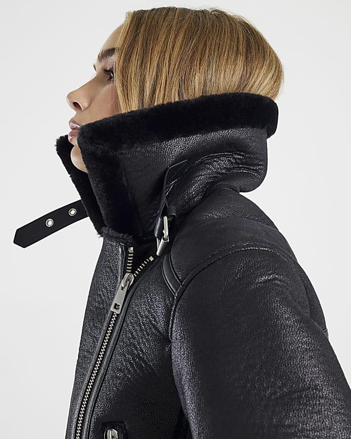 River Island Black Belted Crop Aviator Jacket