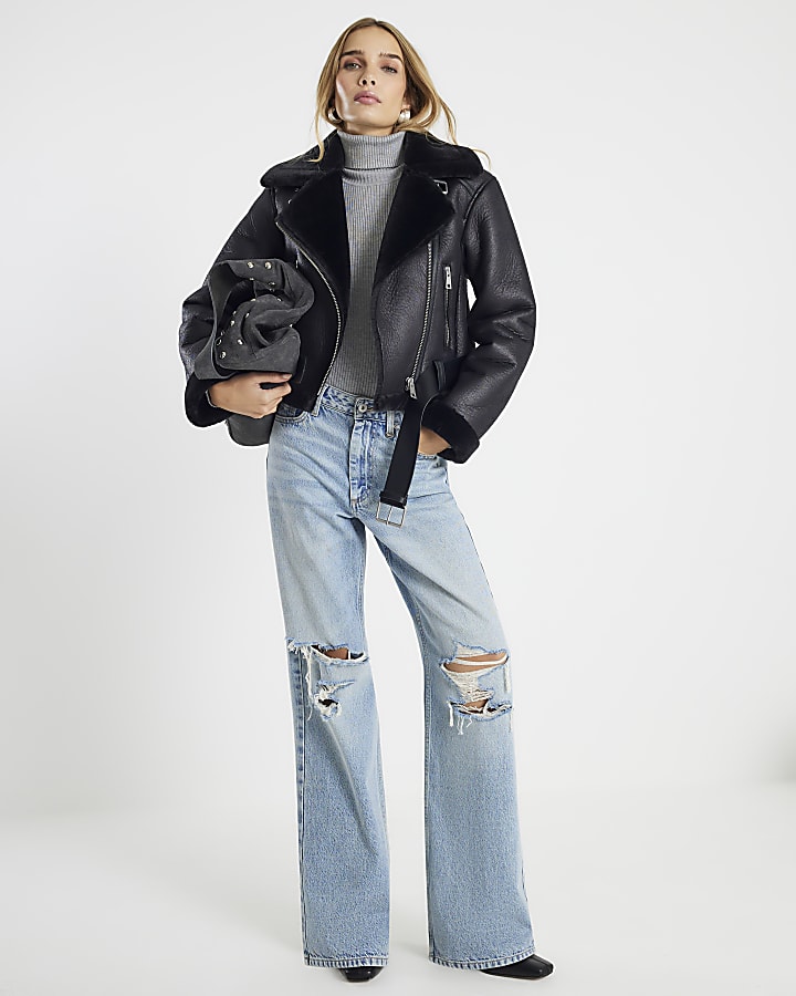 River Island Black Belted Crop Aviator Jacket